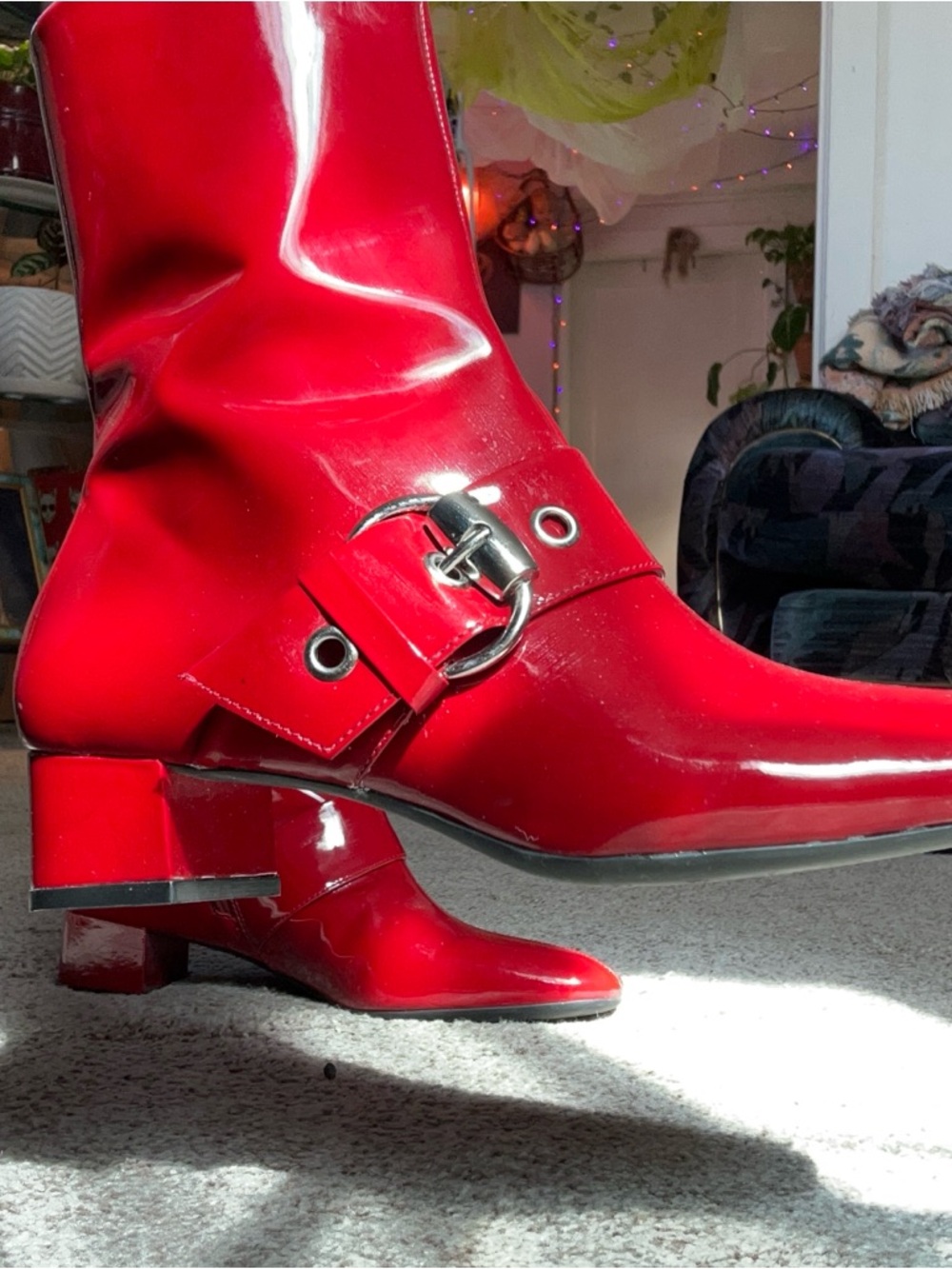 Franco Sarto Red Patent Mid-Calf Buckle Boots